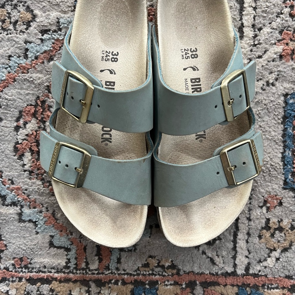 Birkenstock Teal Sandals with Gold Buckles